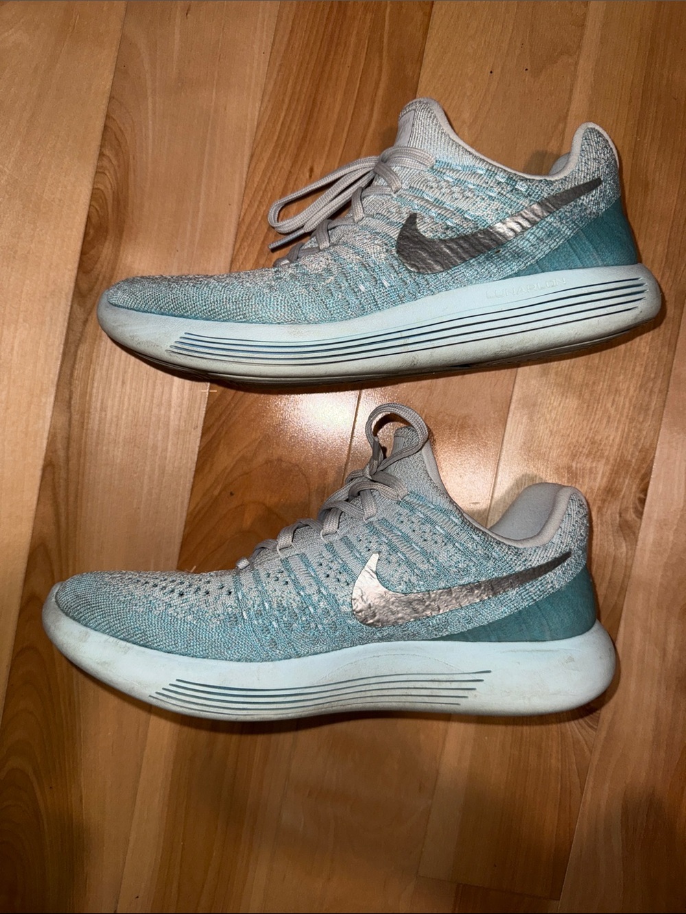 Nike Womens Light Blue Flyknit Lunar Running Shoes 9